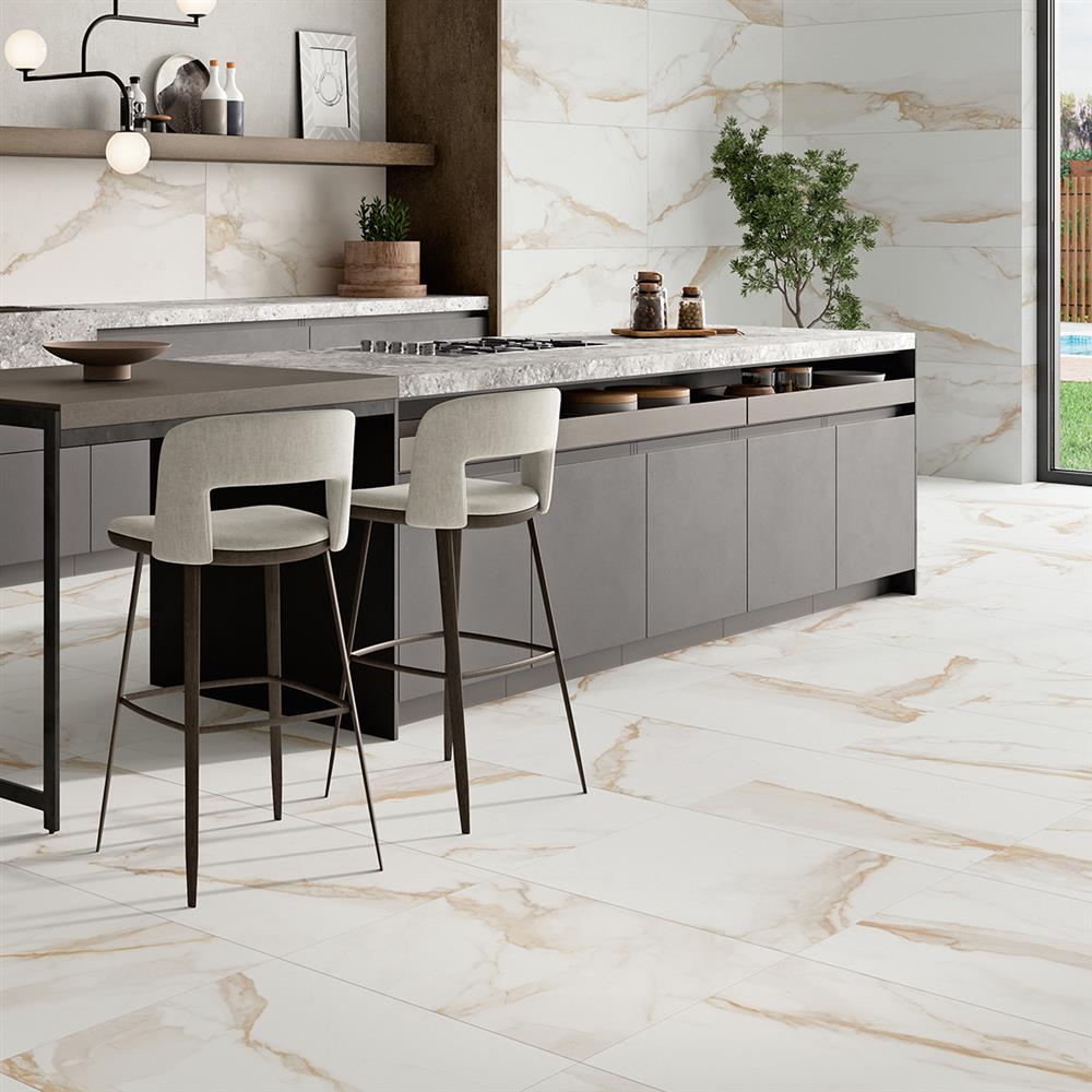 Amalfi Gold polished porcelain marble tiles on kitchen walls and floor